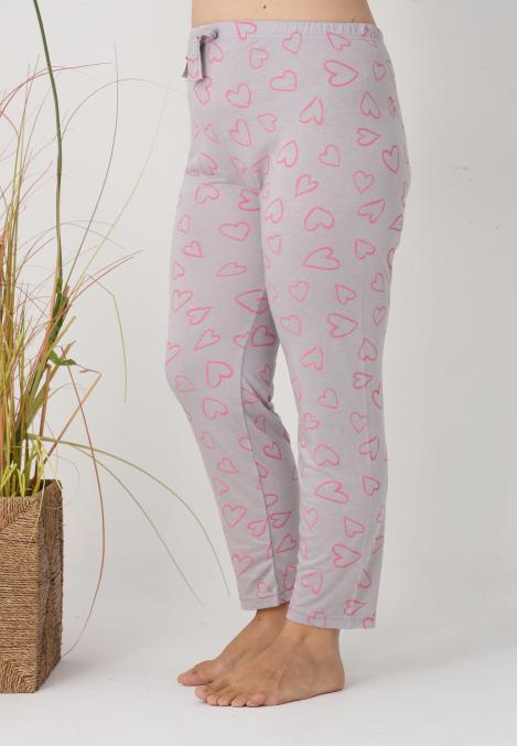 Pantaloni de Pijama Dama Lungi,Big Size,Culoare Gri cu Inimi Roz, Engros